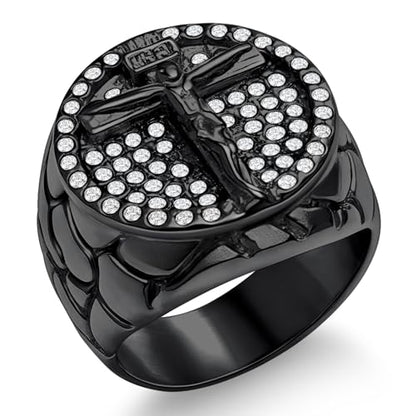 Men's Cross Ring Stainless Steel Cubic Zirconia Crucifix for Men, 18K Gold Plated, Black, Silver Religious Christian Jesus Ring, Size 7-14 - color: 03. Black-Jesus Crucifix