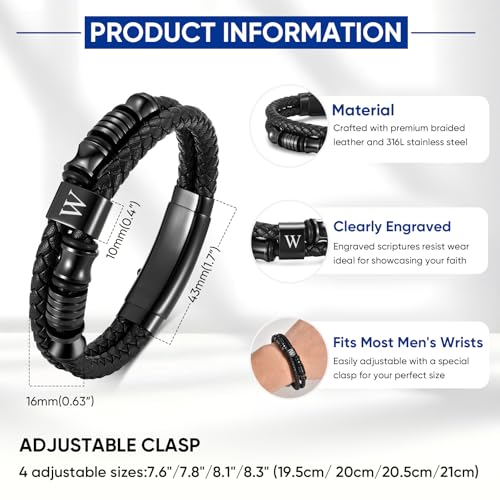 Initial Leather Bracelets for Men, Double-Row Braided Adjustable Wristband - color: Initial W