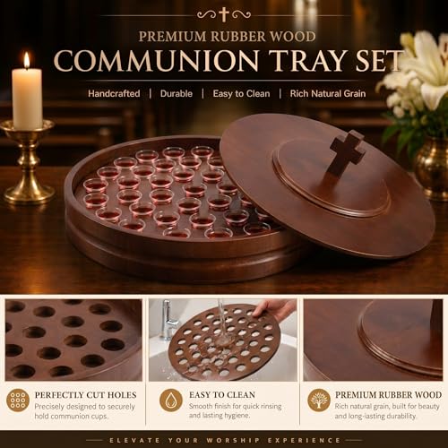 Zhehao 1 Set Wood Communion Tray Set for Church Holy Serving Tray with Lid Elegant 40 Cup Holders and 100 Disposable Communion Cups for Worship Service(Rubber Wood Style) - style: Rubber Wood Style