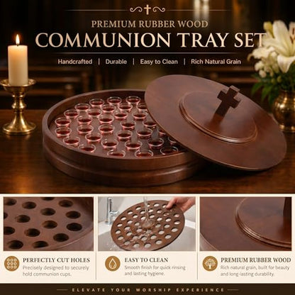 Zhehao 1 Set Wood Communion Tray Set for Church Holy Serving Tray with Lid Elegant 40 Cup Holders and 100 Disposable Communion Cups for Worship Service(Rubber Wood Style) - style: Rubber Wood Style