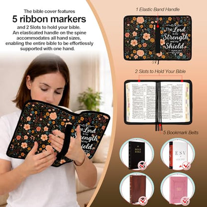 Floral Bible Cover for Women, Large Bible Bag Carrying Case with Shoulder Strap Bible Study Supplies Journaling Kit Book Carrying Case with Pens Highlighters Cross Clips Tabs Christian Gift - color: Black Floral