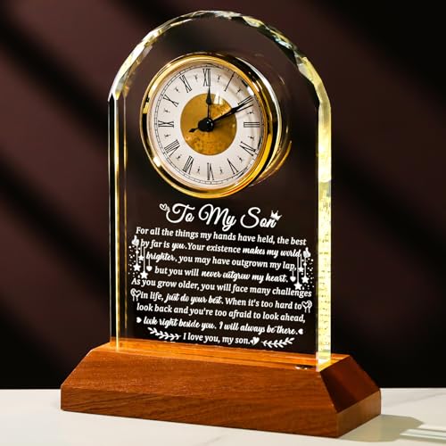 Arikyrist Glass Clock Gifts for Son from Mom Dad with Wooden Light Base - color: Son