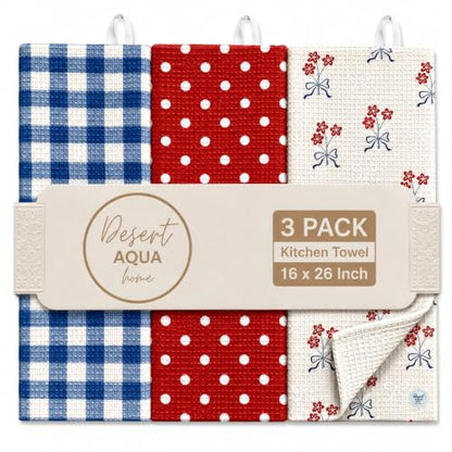 Kitchen Towels, Dish Towels for Kitchen, 3 Pc Kitchen Towel Set - color: Red/White/Blue
