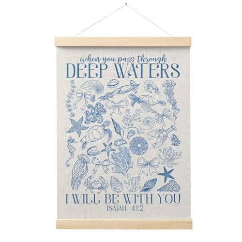 FGFK Retro Blue Christian Ocean Wall Art Poster Hanger Frame, Coastal Beach Isaiah 43:2 Bible Verse Religious Canvas Prints Framed Wall Decor for Home Office, 12x16 Inch - color: Blue Christian Ocean