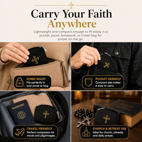 White Rosary Pouch with Zipper & Gold St. Thomas Cross Imprint | Compact Leatherette Rosary Case for Small to Medium Rosaries | Protective Travel Rosary Holder for Men & Women - color: White