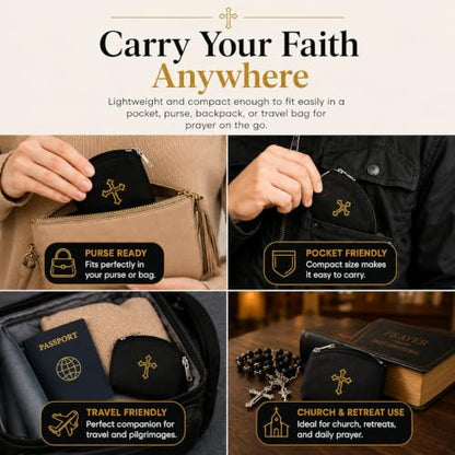 White Rosary Pouch with Zipper & Gold St. Thomas Cross Imprint | Compact Leatherette Rosary Case for Small to Medium Rosaries | Protective Travel Rosary Holder for Men & Women - color: White