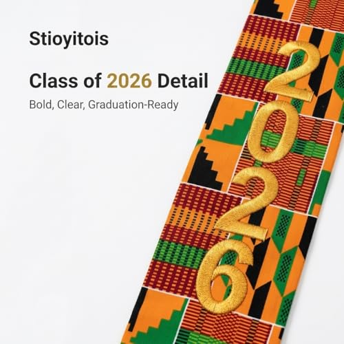 Kente Graduation Stole Class of 2026, 72 x 5.1 in African Print Sash with 3D Gold Embroidery and Gold Fringe - color: C1