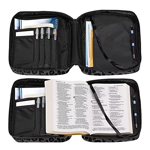 Suobstales Black Dark Green Leopard Print Bible Cover Carrying Book Case Church Bag Bible Protective with Handle, Portable Bible Bags Bible Protective Holder for Women Men - color: Black Leopard Print