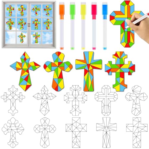 Qyeahkj 30 Pack Vbs Religious Cross Crafts Bulks Sunday School Christian Window Suncatchers Craft Kits Jesus Bible Coloring Window Clings Art Gift for Classroom Church Home Decor