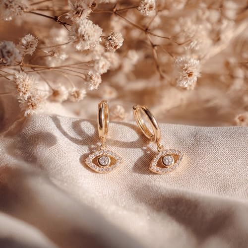 VACRONA Gold Heart Hoop Earrings Huggie Earrings for Women 14k Gold Plated Small Hoops Earrings - color: White Evil Eye