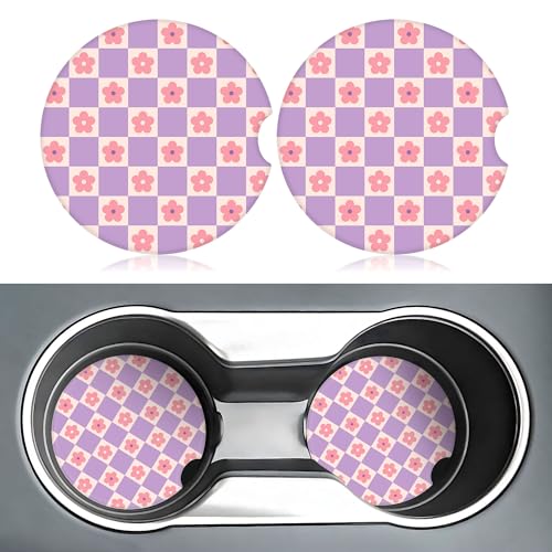 Checkered Pink Flower Car Coasters for Cup Holders,2 Pack Car Cup Holder Coasters for Car,Ceramic Absorbent Car Coaster with A Finger Notch and Cork Base,Car Interior Accessories for Women Men - color: Checkered Pink Flower