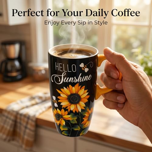 Topadorn 17oz Ceramic Travel Mug with Lid, Sunflower Coffee Mug - color: Black & Yellow