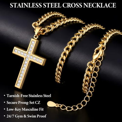 Cross Necklace for Men, Cuban Chain with Cubic Zirconia Pendant - color: GOLD