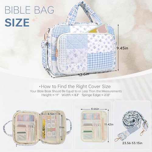 Bible Cover Case for Women Bible Study Supplies Christian Gifts for Women Church Camp Essentials Christian Bible Journaling Kit Quilted Large Bible Cover (Spliced Blue Flower, Large) - color: Spliced Blue Flower