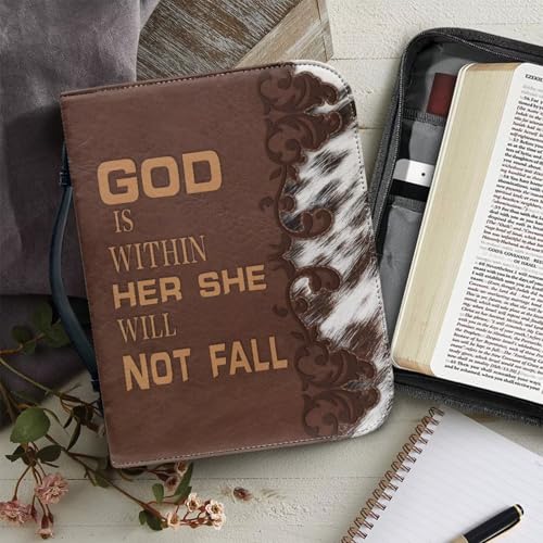 Dellukee Bible Cover Case Brown God is Within Her She Will Not Fall Print Book Cover Leather Bible Case for Women Girls with Handle - color: Brown Leather She Will Not Fall, size: Large-bible size ≤9.2*6*1.6 inch