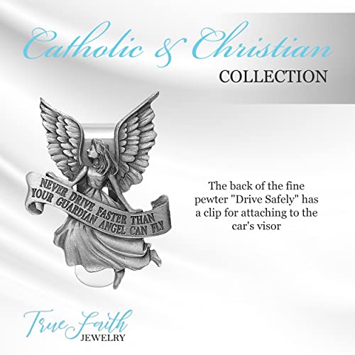 True Faith Jewelry Pewter Never Drive Faster Than Your Guardian Angel Can Fly Visor Clip, Driver Gift for Car, Travel Safely, Fine Pewter, 2-1/8 x 1-3/4 Inch - size: Travel Cross 3