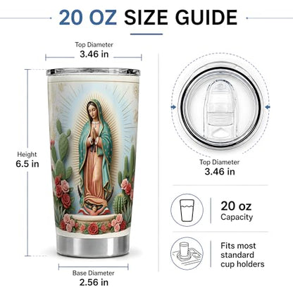Virgin Mary Desert Halo 20oz Tumbler, Marian Devotion Tumbler, Daily Coffee Cup, Teal Cloak With Cactus And Roses, Golden Rays, Catholic Prayer Art, Faithful Catholic Women And Men - color: Virgin Mary 5