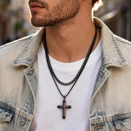 FLHEART Wooden Cross Bible Verse Necklace for Men, Hawaiian Handmade Real Black Ebony Wood Cross Pendant Stainless Steel Chain, Mens Cross Necklaces Koa Wood Jewelry Christian Baptism Easter Gifts - style: Joshua 1:9 - 2pcs