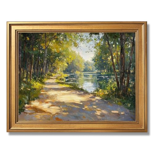 Framed River Path Landscape Painting Sunlit Forest Wall Art Impressionist Nature Canvas Print Tranquil Outdoor Decor Rustic Cottagecore Green Botanical Poster Spring Picture for Home Room 16x20inch - color: 8-River Path Landscape, size: 16"L x 20"W