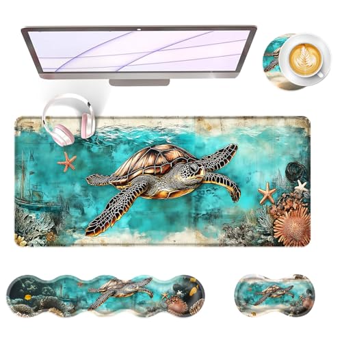 Large Keyboard Mouse Pad Set, Extended Mouse Pad+Keyboard Wrist Rest Support, Memory Foam Ergonomic Easy Typing, 4Pcs (31.5×11.8 in) Desk Pad Set for Office Home,Watercolor Sea Turtle - color: Watercolor Sea Turtle