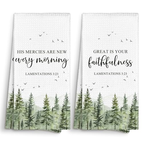 Woodland Christian Bible Verse Lamentations Kitchen Towels 16x24 Set of 2, His Mercies are New Dish Towels Cloths Dishcloths Tea Towel, Mountain Forest Scripture Bathroom Hand Towel Decor - color: Woodland