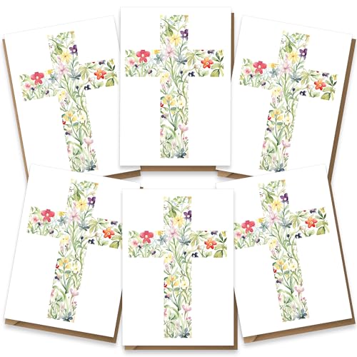 Easter Multipack Card Set, Religious Cards Pack of 6 - Thank You, Confirmation, Christening, Baptism, Sympathy - Floral Cross Design - Luxury Multi-pack of Six, Blank Inside with Premium Envelopes