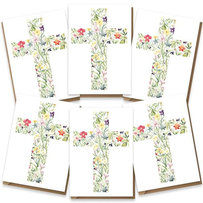 Easter Multipack Card Set, Religious Cards Pack of 6 - Thank You, Confirmation, Christening, Baptism, Sympathy - Floral Cross Design - Luxury Multi-pack of Six, Blank Inside with Premium Envelopes