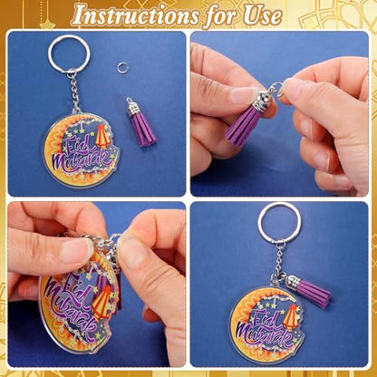 HOWAF 12pcs Eid Ramadan Keychains Set, Eid Mubarak Acrylic Keychain Making Kits with Rings and Tassels, Ramadan Mubarak DIY Craft Keyring for Muslim Celebration Gift Set