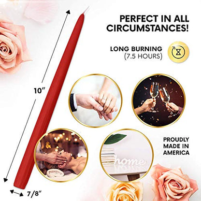 Higlow Dripless Taper Candles 10" Inch Tall Tapered Wedding Dinner Candle Set of 12 (RED)