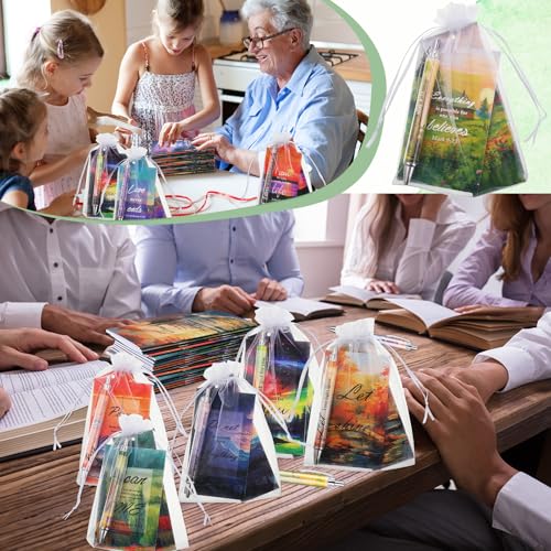 200 Pcs Christian Gift for Women Christian Accessories Include 50 Bible Verses Notebook 50 Church Bookmark 50 Ballpoint Pen Organza Bag Gift for Christmas Church Motivational (Scenery) - style: Scenery
