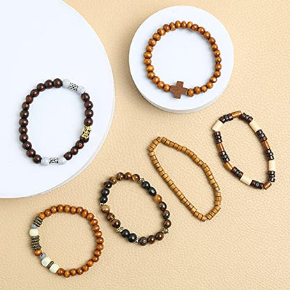 HZMAN Handmade Hemp Cords Wood Beads Leather Bracelets for Men Women - style: Skull & Wooden Cross