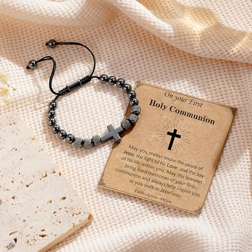 Cross Bracelet for Boys Teens, Adjustable Obsidian Beads Bracelets Christian Religious Jewelry Gifts for Teen Teenage Boys - style: First Holy Communion
