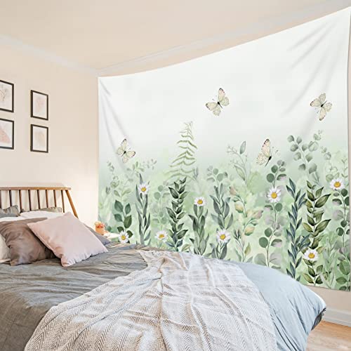 EOBTAIN Sage Green Leaves Tapestry Eucalyptus Leaf Botanical Plant Vintage Daisy Flowers Butterfly Floral Tapestries Simple Cottagecore Aesthetic Tapestry Wall Hanging Living Room Bedroo Dorm 59Wx51H - color: Green, size: 51"L x 59"W