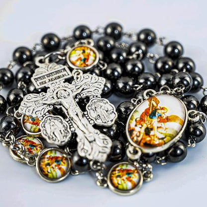 St. Michael the Archangel Catholic Rosary Necklace for Men, 8MM Black Hematite Prayer Beads Packed in Travel Jewelry Box, Rosary Beads Catholic Saints Gifts for Men - color: Hematite