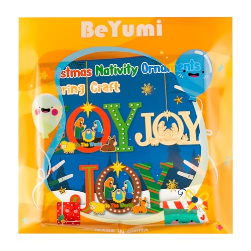 BeYumi Christmas Joy Wooden Crafts - 20Pcs DIY Wooden Joy to THE World Ornaments Craft Kit for Kids Make Your Own Nativity Decor Christian Religious Xmas Craft with Gem Sticker Church Party Supplies - style: JOY