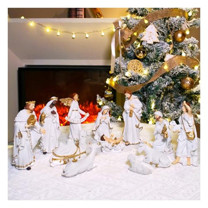 Nativity Set Christmas 12 Pieces Scene White Indoor Catholic Manger Set - color: White, size: 8 inches