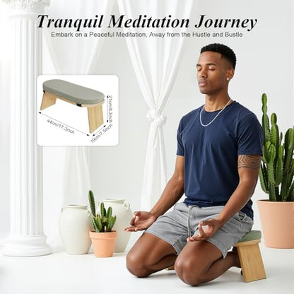 Folding Bamboo Meditation Bench, Ergonomic Portable Kneeling Meditation Stool with Soft Meditations Cushion Comfortable Foldable Prayer Bench for Deep & Longer Meditations (Green) - color: Green