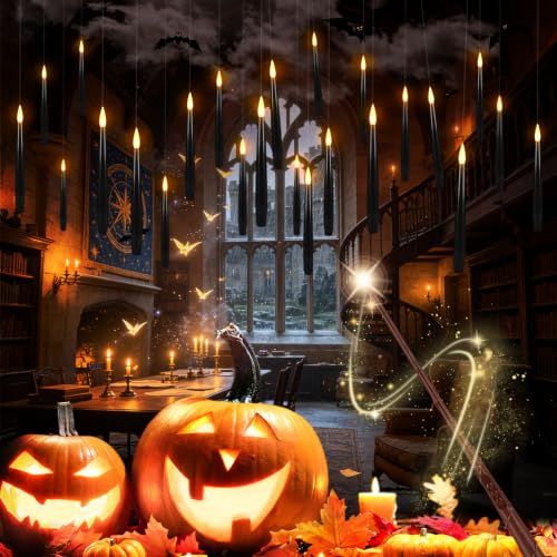 24 Pack Black Flameless Floating Candles with Wand Remote, Magic LED Hanging Taper Candles, Flickering Battery Operated Suspended Candlesticks for Halloween Decor, Gothic Wedding, Spooky Party & Haunt - color: 24-Black magic floating