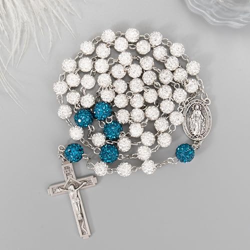 Nazareth Store Rhinestones Crystal Beads Rosary, Catholic Rosary Necklace with Silver Miraculous Medal INRI Crucifix, Multicolor Rosaries in a Gift Case - color: White with Blue Beads