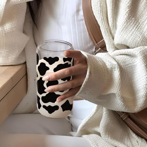 SANDJEST Cow Glass Can, Cow Prints Cup with Lid & Straw, Iced Coffee Aesthetic Cups, Idea Gift for Christmas Birthday Mother Day, Gifts for Women, 16oz - color: Cow Skin