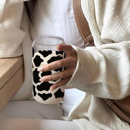 SANDJEST Cow Glass Can, Cow Prints Cup with Lid & Straw, Iced Coffee Aesthetic Cups, Idea Gift for Christmas Birthday Mother Day, Gifts for Women, 16oz - color: Cow Skin