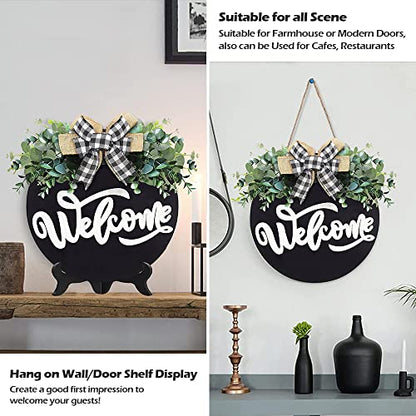 Welcome Sign for Front Door, 12 Inch Round Black Wood Wreath