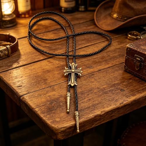 Fashionable Cross Bolo Tie Multi-Color Cross Shield Necktie - color: Retro Gold-style 2
