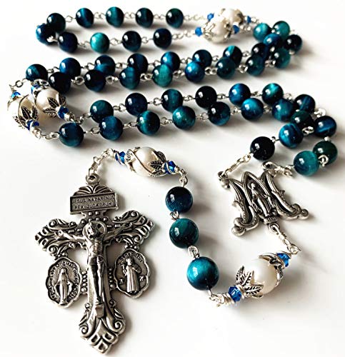 elegantmedical HANDMADE Peacock Blue Tiger Eye Beads Prayer Beads & (AAA) 10mm Pearl Catholic 5 Decade Rosary Cross Necklace Gift Box Italy Parden Crucifix