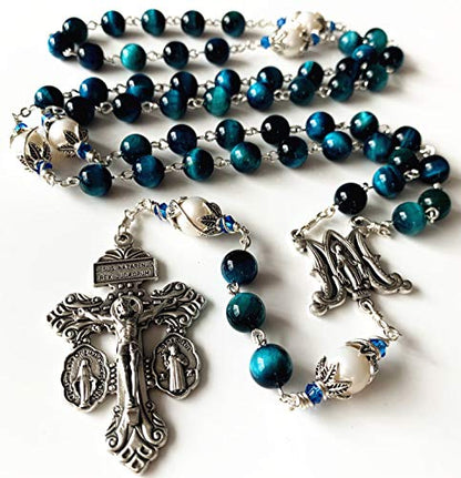 elegantmedical HANDMADE Peacock Blue Tiger Eye Beads Prayer Beads & (AAA) 10mm Pearl Catholic 5 Decade Rosary Cross Necklace Gift Box Italy Parden Crucifix