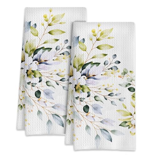 Watercolor Flowers Botanic Leaves Kitchen Dish Towels,Farmhouse Hand Towels 16x24 Inch Decorative Absorbent Dish Cloth for Cooking Baking Cleaning Bathroom Decor Set of 2 - color: Watercolor Flowers Botanic Leaves