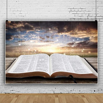 5x4ft Jesus Christ Backdrop Light of Wisdom Emit from The Opened Holy Bible Book Bokeh Sunset Glitter Glow Photography Background Christian Church Sanctuary Banner Decor Vinyl Studio Prop - size: 5x4ft