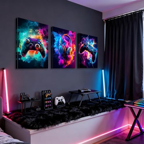 WENGTIAO 3Pcs Neon Gamepad Headphones Canvas Wall Art Prints 20"x28" - color: Cool Game Controller, size: 20"x28"x3Pcs