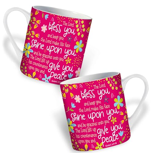 Christian Coffee Mug with Gift Box, 12 oz Ceramic, with Bible Verse - color: Pink / Bless You