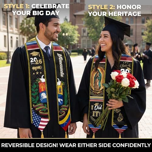 Graduation Stole Class of 2026 Reversible Sash with Gold Glitter Trim and Tassels V-Neck 72 Inch Satin - color: Venezuela & America
